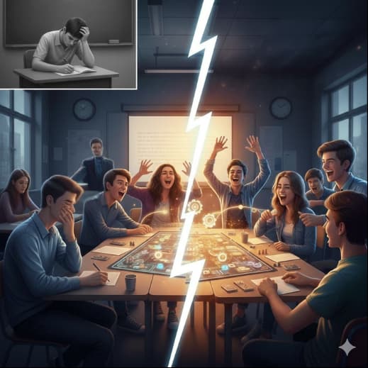 Groupe de jeunes adultes enthousiastes et concentrés autour d'un jeu de plateau en formation, illustrant l'engagement émotionnel et la mémorisation par le plaisir.