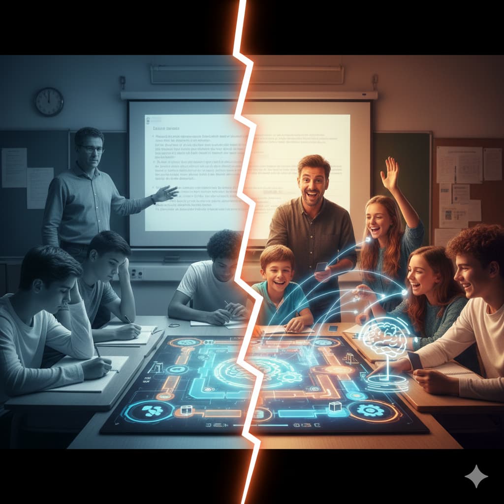 Adolescents en classe passant d'un apprentissage passif à une session de jeu ludopédagogique active avec leur formateur, encourageant l'interaction et la verbalisation.