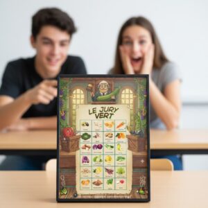 Photographie marketing du jeu éducatif Le Jury Vert : deux adolescents jouent face à face dans une salle de classe. Un cadre vertical présentant le plateau de jeu illustré de fruits et légumes est posé sur une table épurée, mettant en avant l'aspect ludique et pédagogique de l'activité.