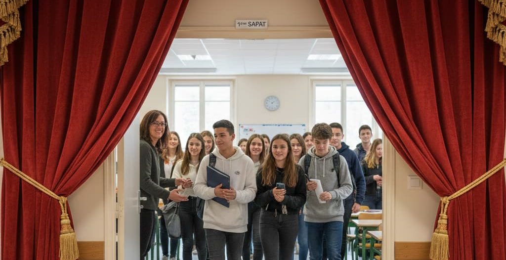 Mise en scène théâtrale d'une salle de classe de lycée : une enseignante brune avec des lunettes se tient debout face à une vingtaine d'adolescents attentifs. L'image, de style réaliste, est encadrée par de lourds rideaux de théâtre rouges, symbolisant l'entrée en cours comme une levée de rideau.